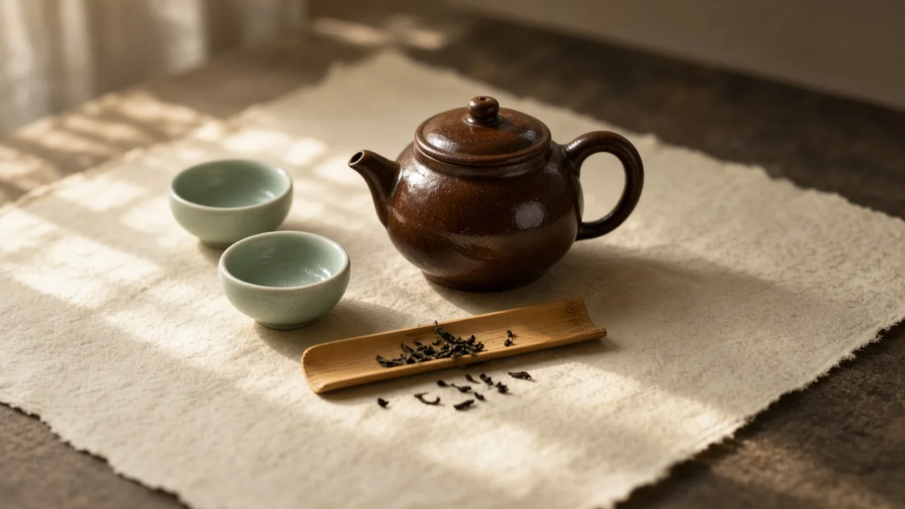 茶席上的陶壶、青瓷杯和干茶叶